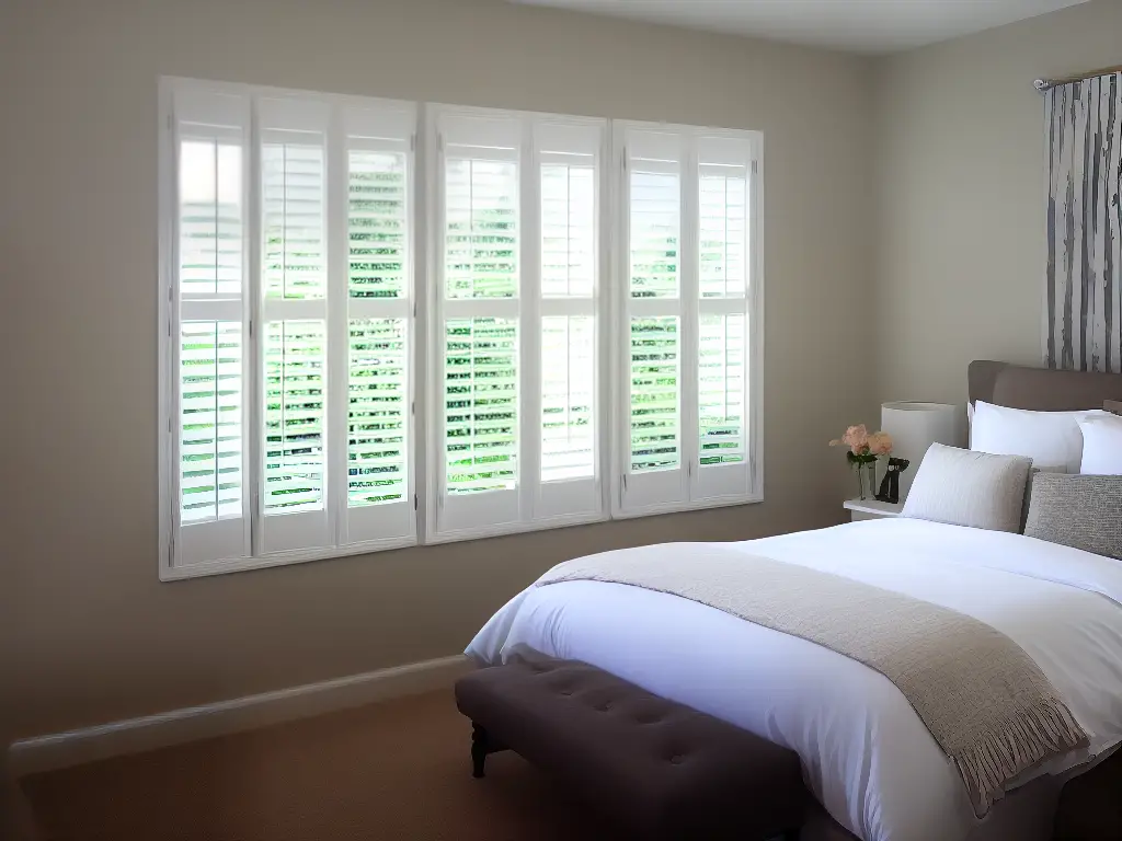 A custom made set of white plantation shutters installed in a modern bedroom with plenty of natural light.