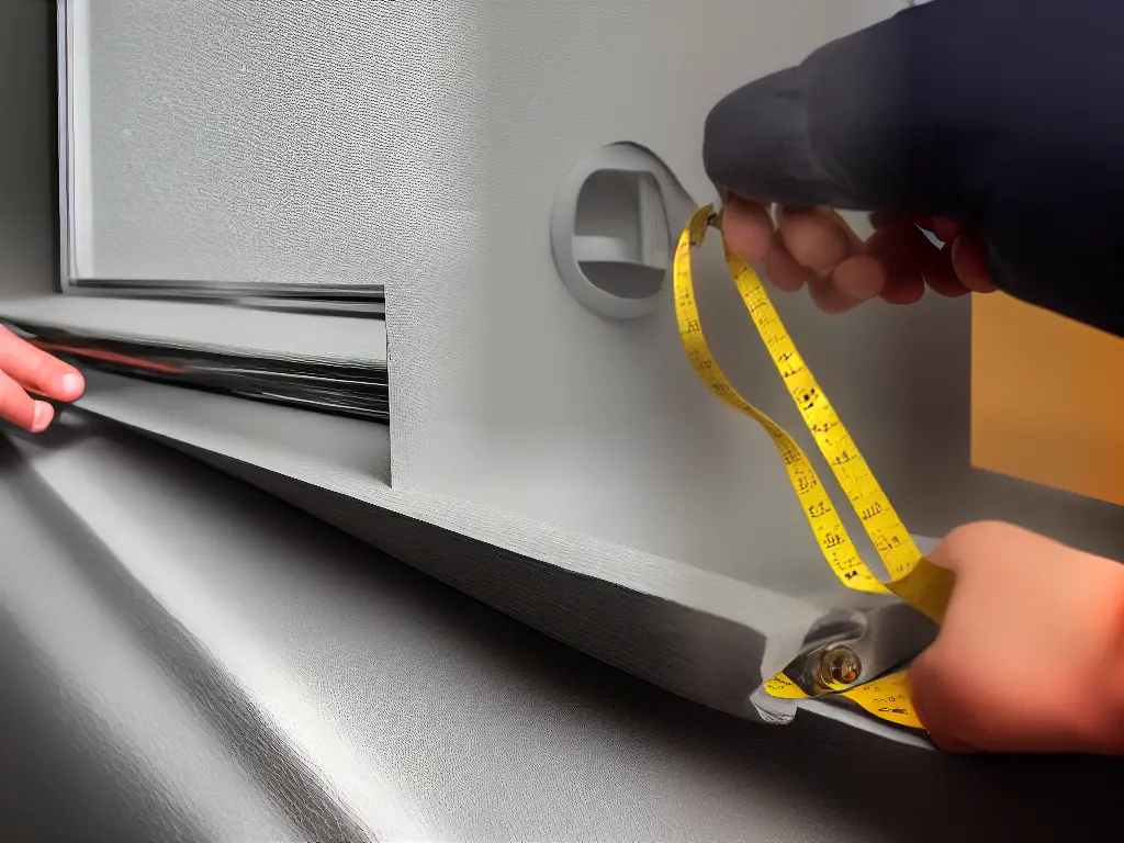 An image of someone holding a measuring tape up to a window frame to measure for window dressings.