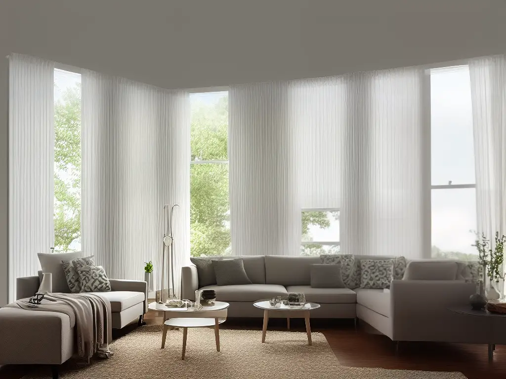 This image shows various window dressings such as curtains, blinds, shutters, and shades placed in a modern room setting illuminated by daylight