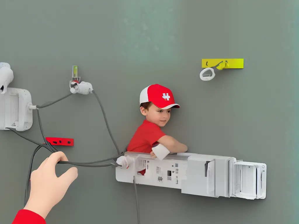 A cartoon illustration of a child's hands reaching for a window blind cord, with a red cross mark indicating danger