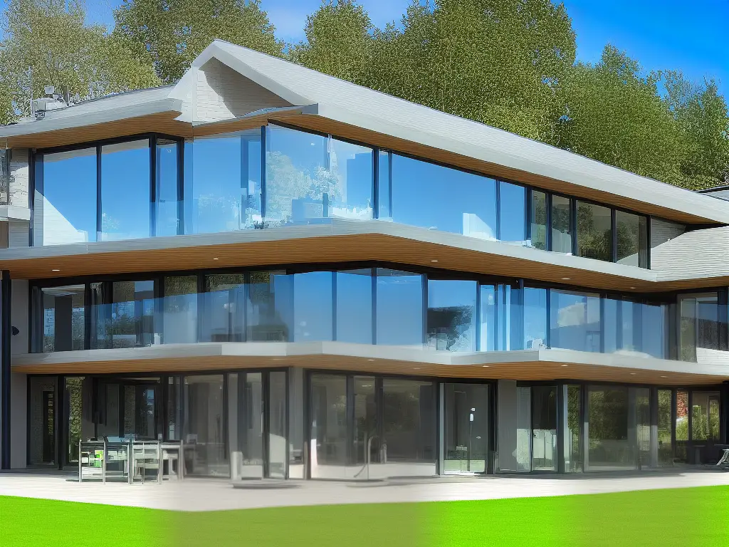 An image showing a house with temperature waves above and around the windows, with green bars showing lower temperatures on windows with improved energy efficiency.