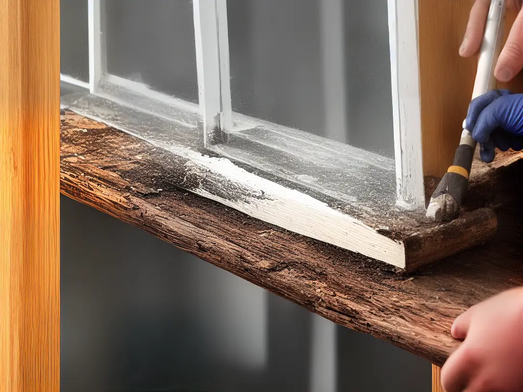 An image of a person handling a window frame with a visible rot spot being repaired with wood patches and epoxy filler.