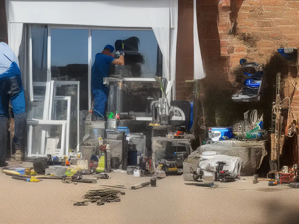 A person repairing a window, tools and parts of the window scattered around.