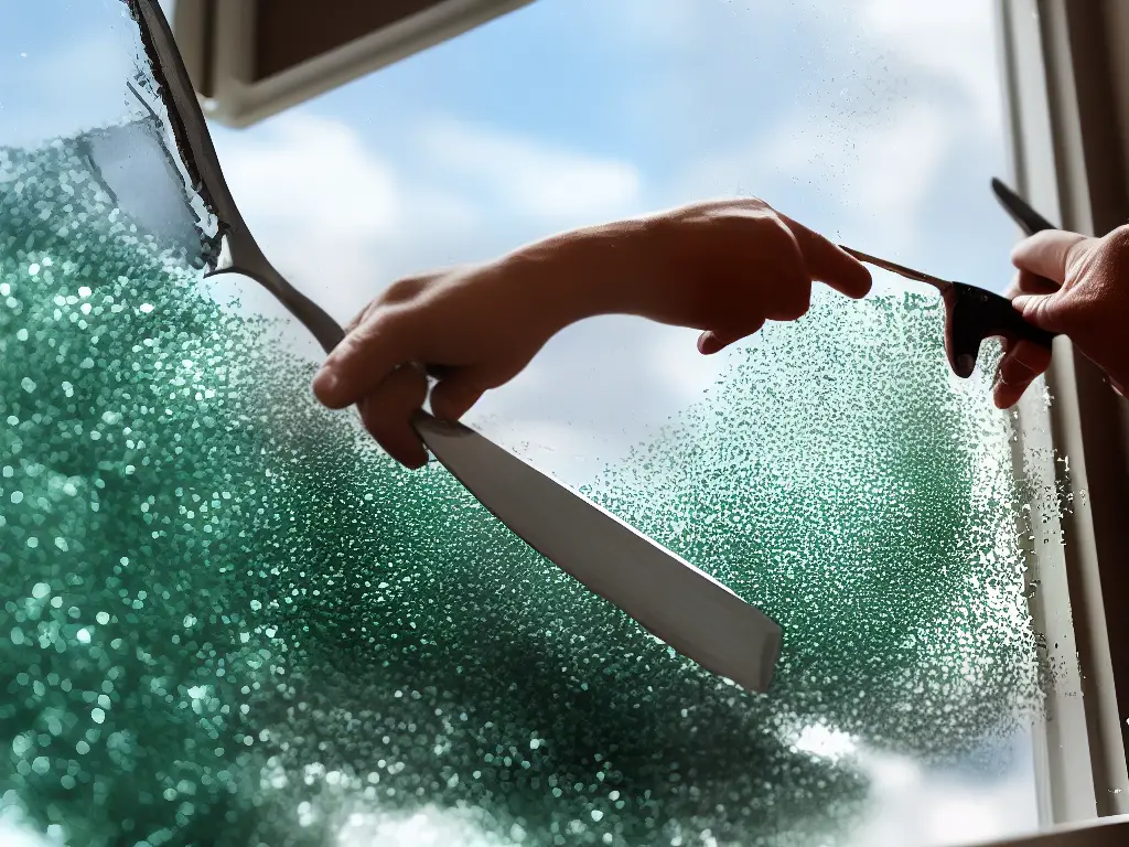 A person using a putty knife to remove a broken glass pane from a window frame.