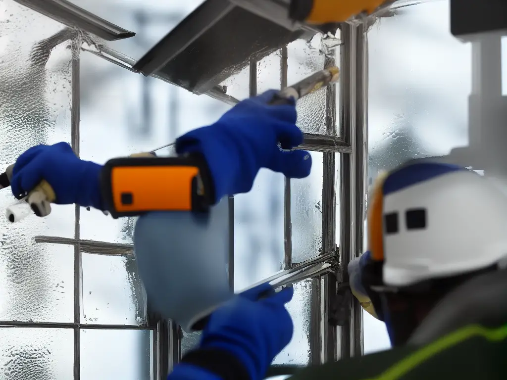 A professional worker repairing a window glass pane.