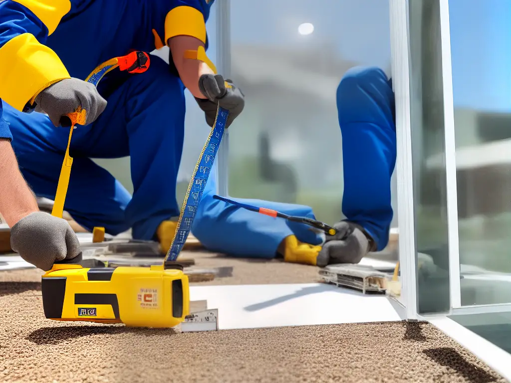 An image of a professional contractor measuring a window opening with a tape measure while wearing protective gear.