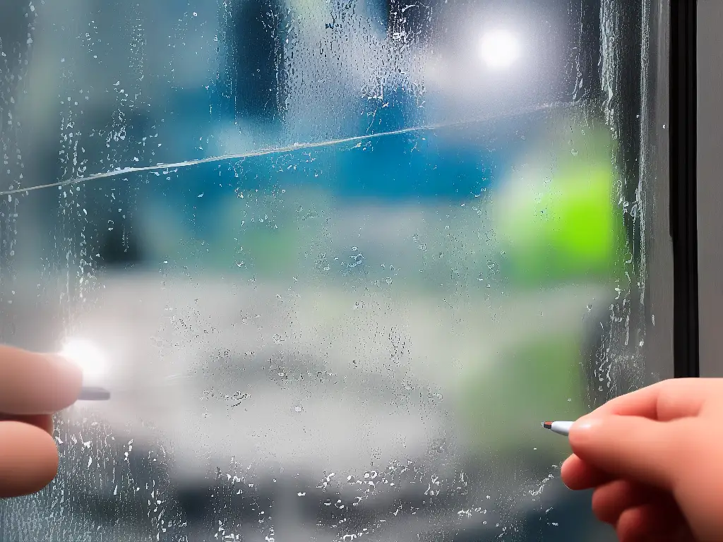 Illustration of a hand holding a glass polishing kit and repairing a scratch on a window pane.