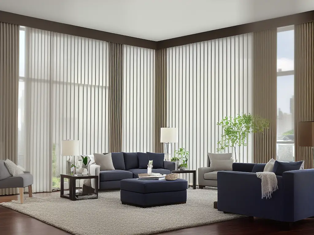 An image of a living room with motorized curtains and automated window shades, demonstrating the convenience and modernity of automated window dressings.