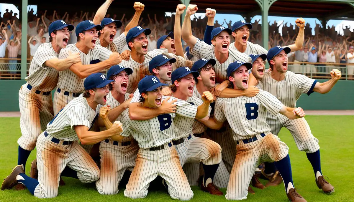 New York Yankees players celebrating on the field after winning a game